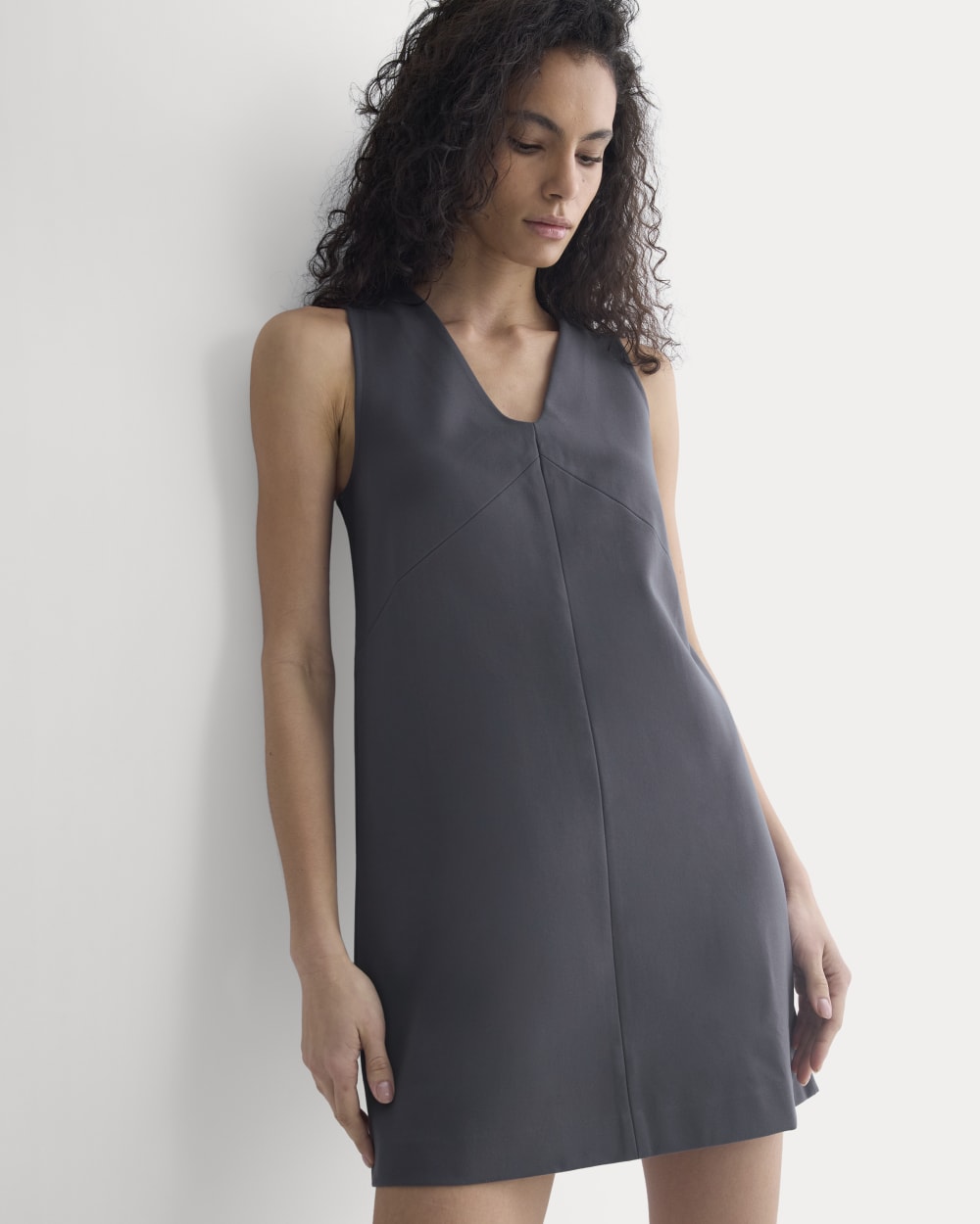 Ponte V-Neck Mini Dress in Graphite — front view