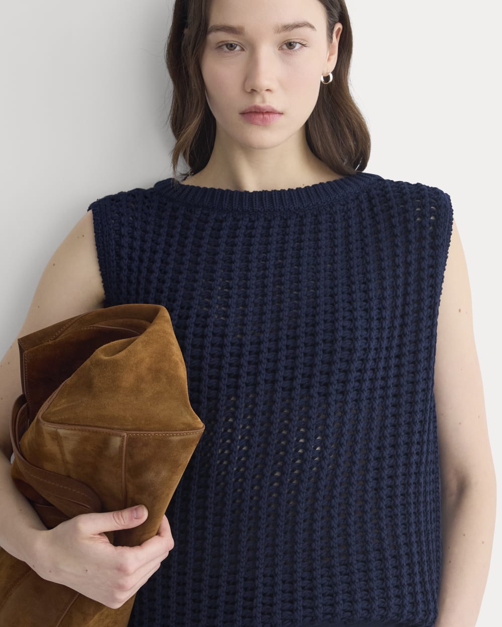 Open-Knit Tunic Vest in Elevated Cotton in Navy — detail view