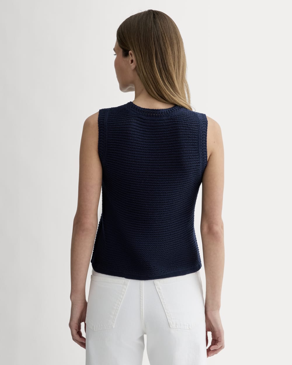 The Organic Cotton Open-Stitch Tank in Navy — detail view