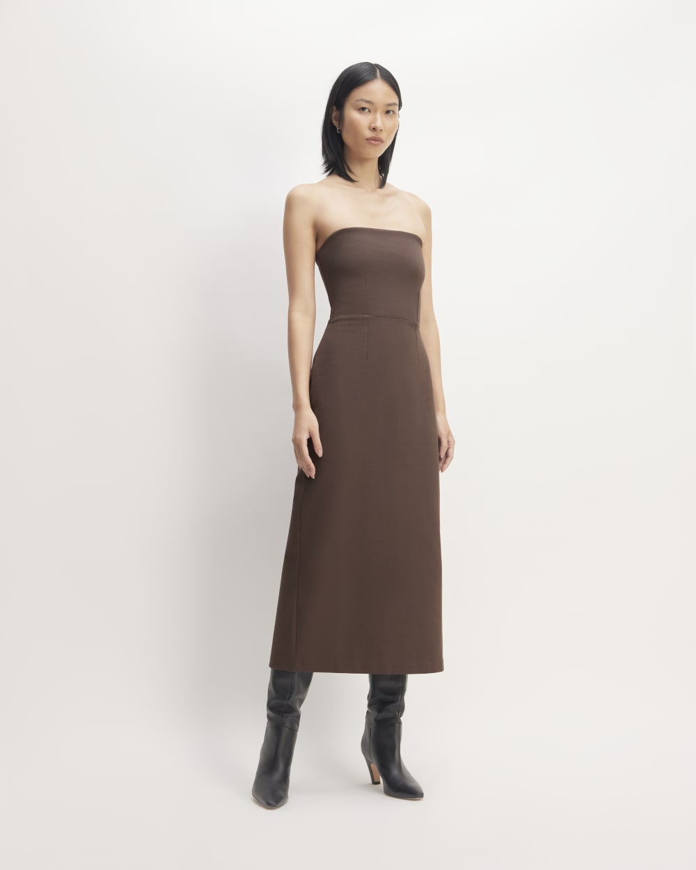 The Dream Strapless Dress in Earth Brown — front view