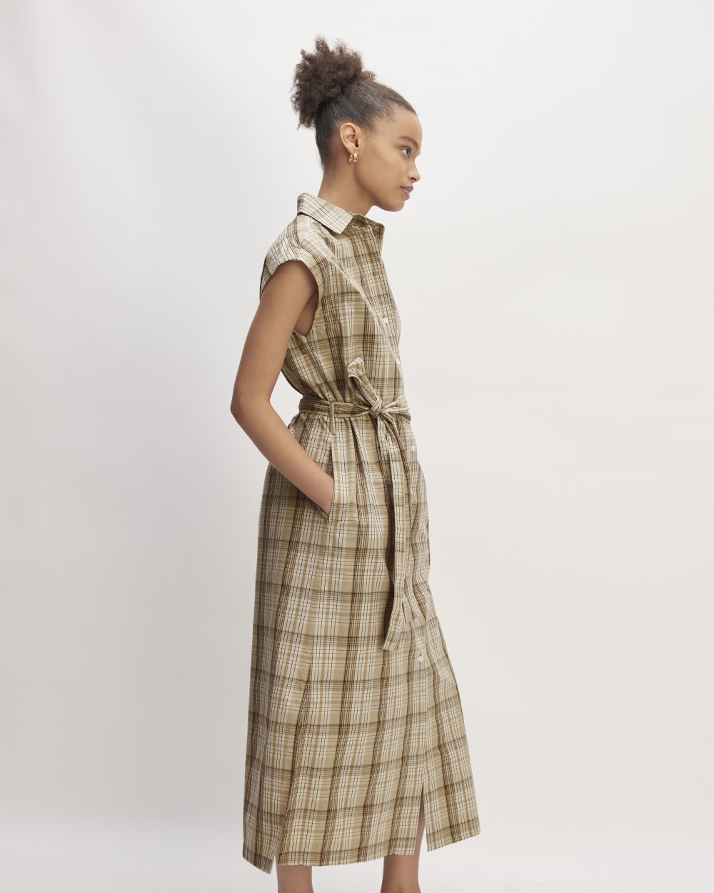 The Supima® Cotton Short-Sleeve Shirt Dress in Pale Khaki Plaid — detail view