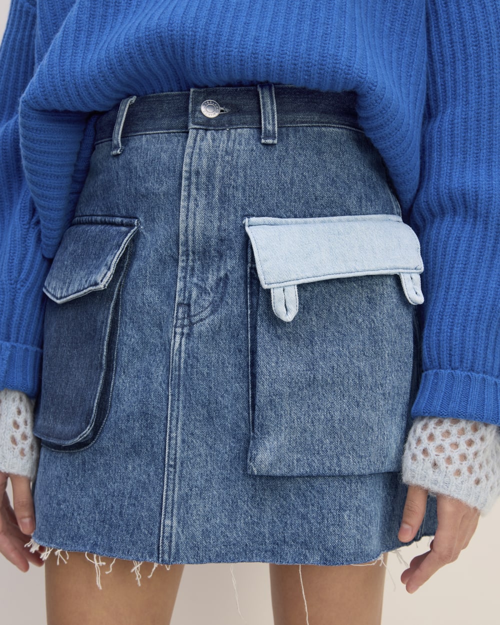 The Everlane x Marques' Almeida Denim Patchwork Mini Skirt in Diamond Blue — detail view