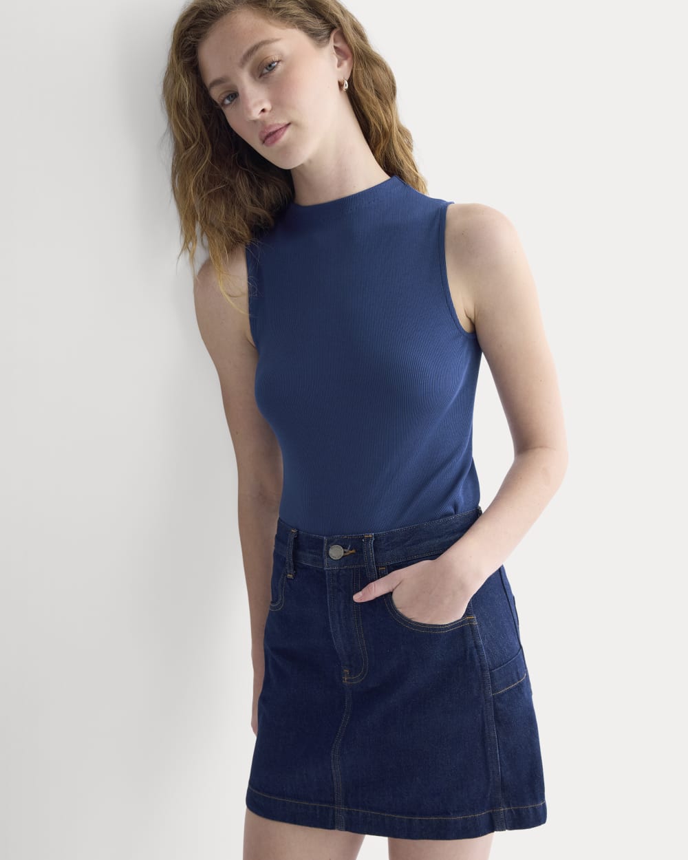 The Luxe Rib Funnel-Neck Tank in Estate Blue — detail view