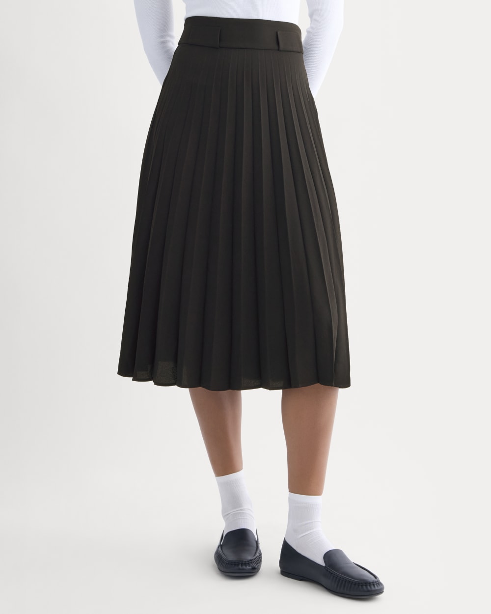 Pleated Crepe Midi Skirt in Black — detail view