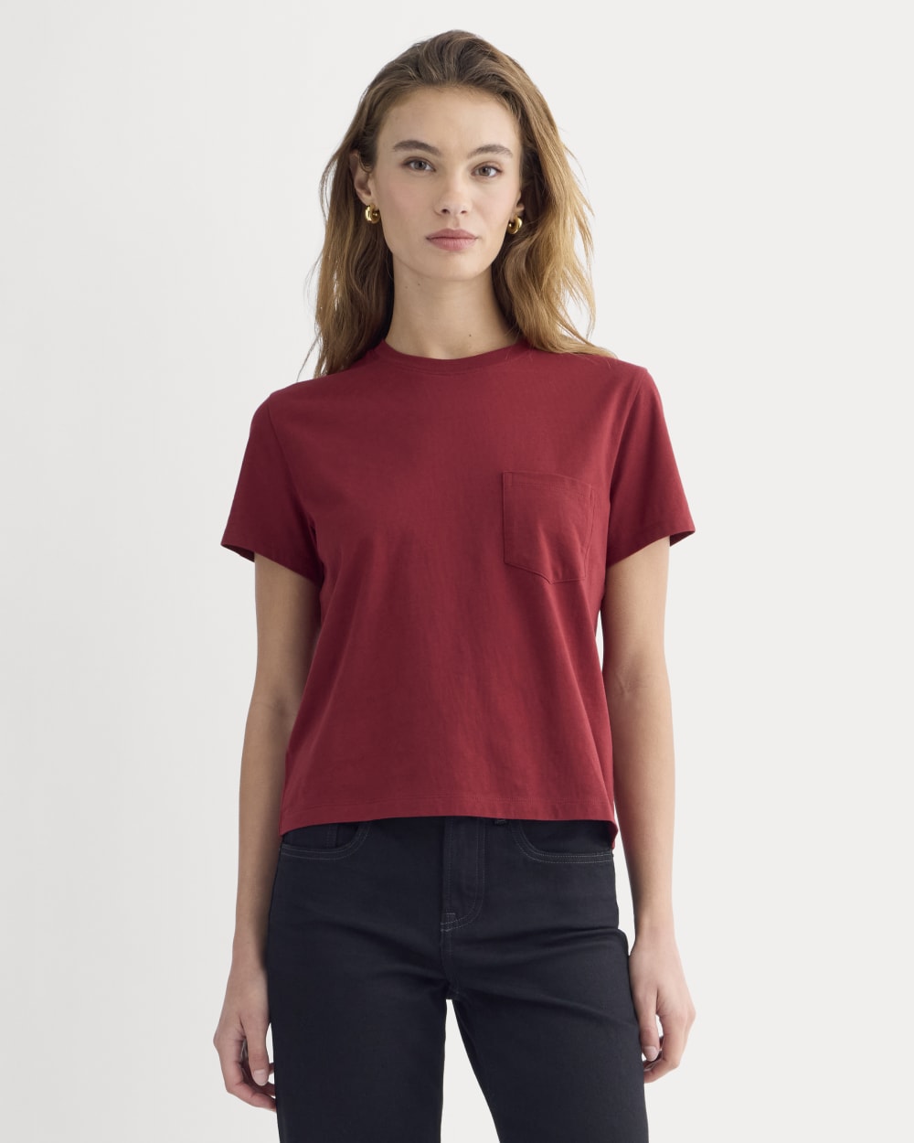 The Box-Cut Tee in Essential Cotton in Merlot — front view