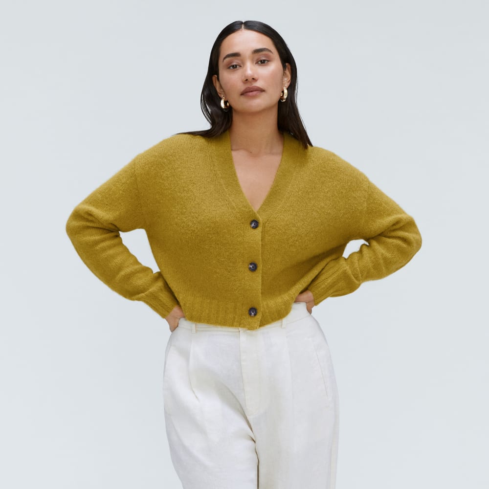 The Alpaca V-Neck Cropped Cardigan in Golden Palm — front view