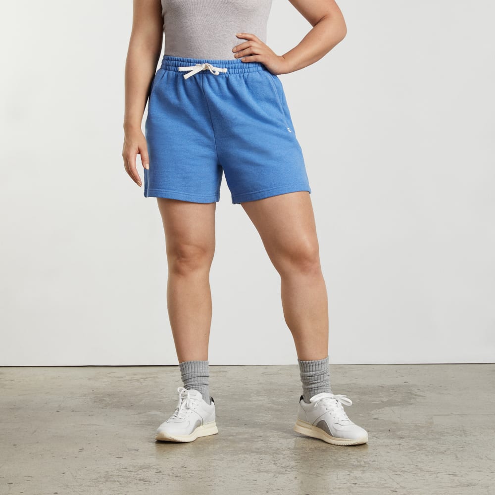 The Track Long Sweatshort in Heathered Denim — front view