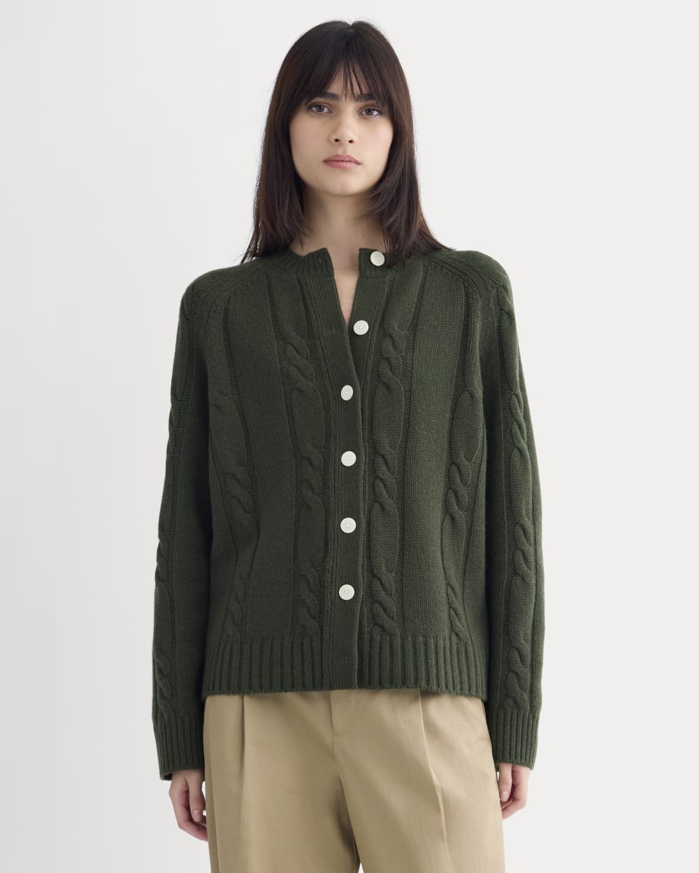 Cable Cardigan in Extrafine Luxe Merino in Dark Forest — front view