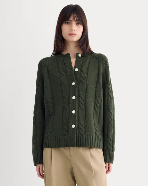 Cable Cardigan in Extrafine Luxe Merino in Dark Forest — front view