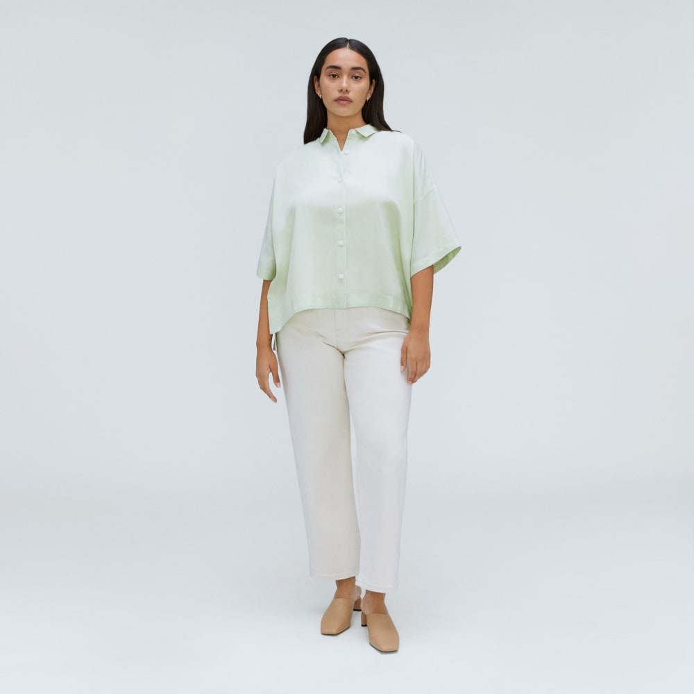 The Drapey Square Shirt in Seafoam Green — detail view