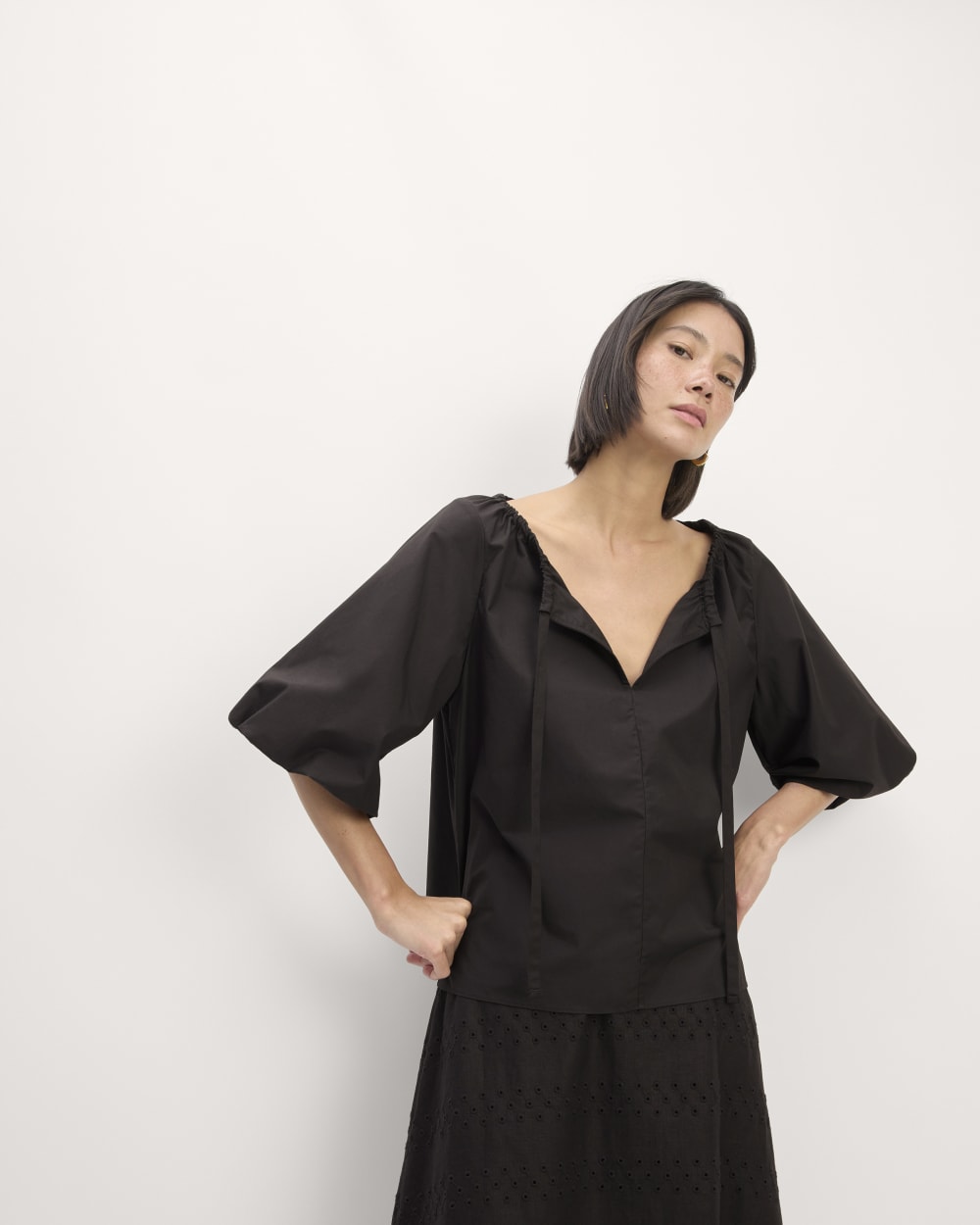 The Supima® Puff-Sleeve Top in Black — detail view