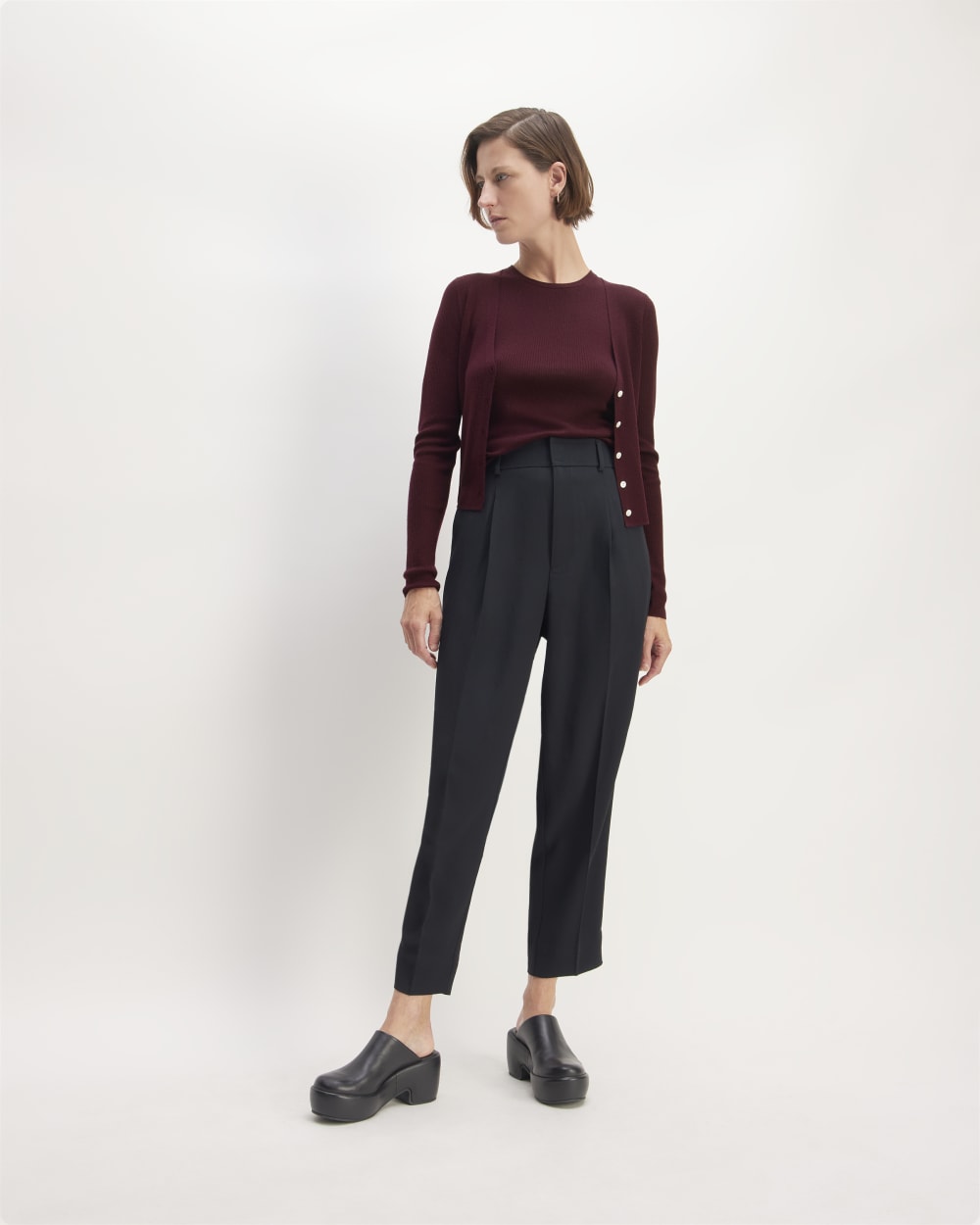 The Cardigan in Ultrasoft Merino in Burgundy — detail view