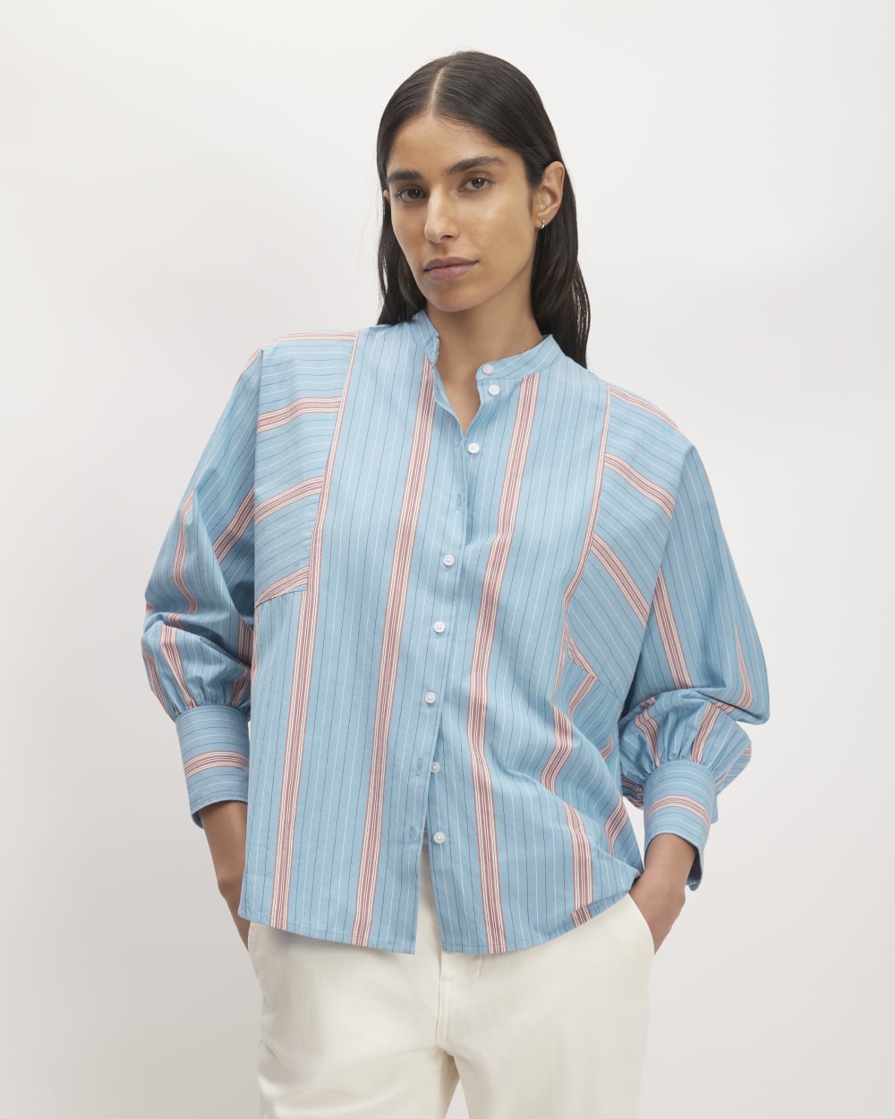 The Oversized Raglan Shirt in Parisian Blue / Black / Rusted Red / Bone — front view