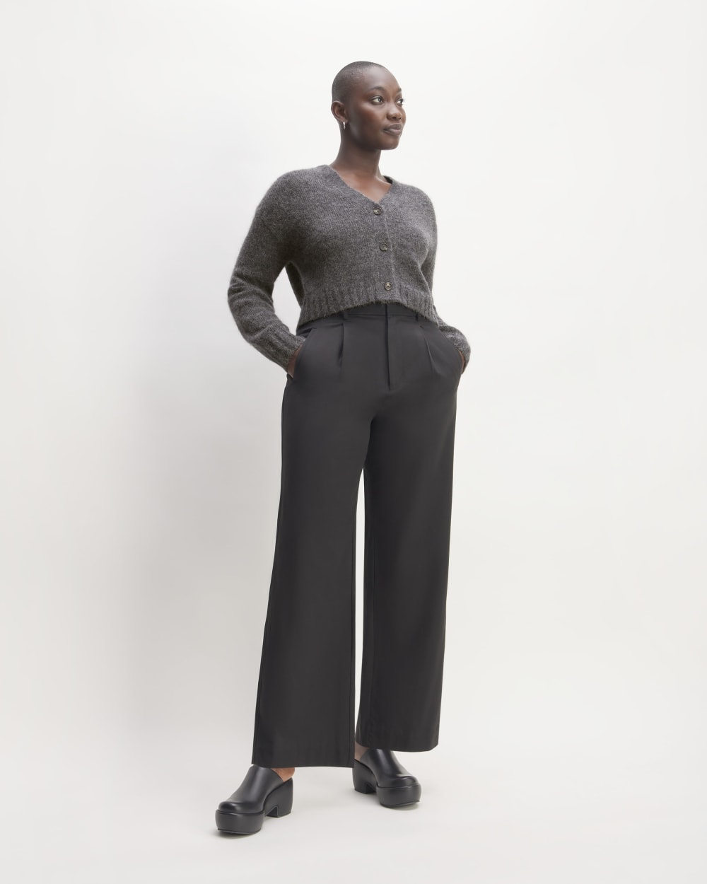 The Alpaca V-Neck Cropped Cardigan in Dark Charcoal — detail view