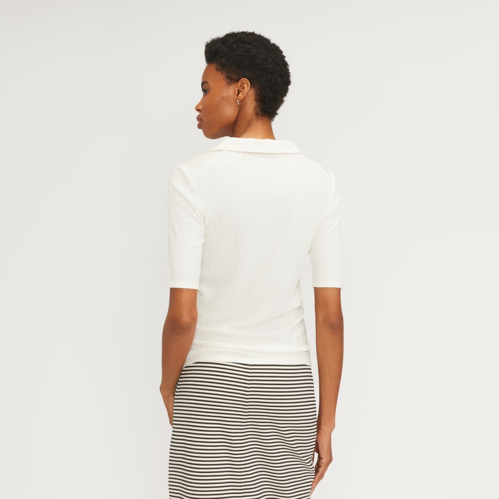 The Rib Soft Knit Open Collar Polo in Bone — detail view