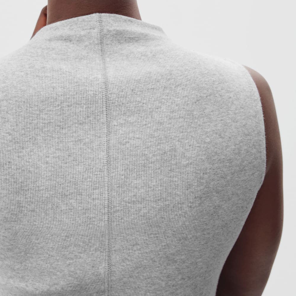The Pima Micro-Rib Funnel-Neck Tank in Heathered Grey — detail view