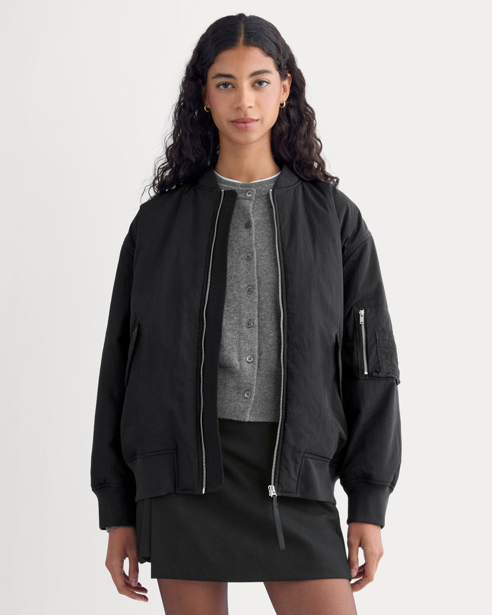 Renew Oversized Puffer Bomber in Black — front view