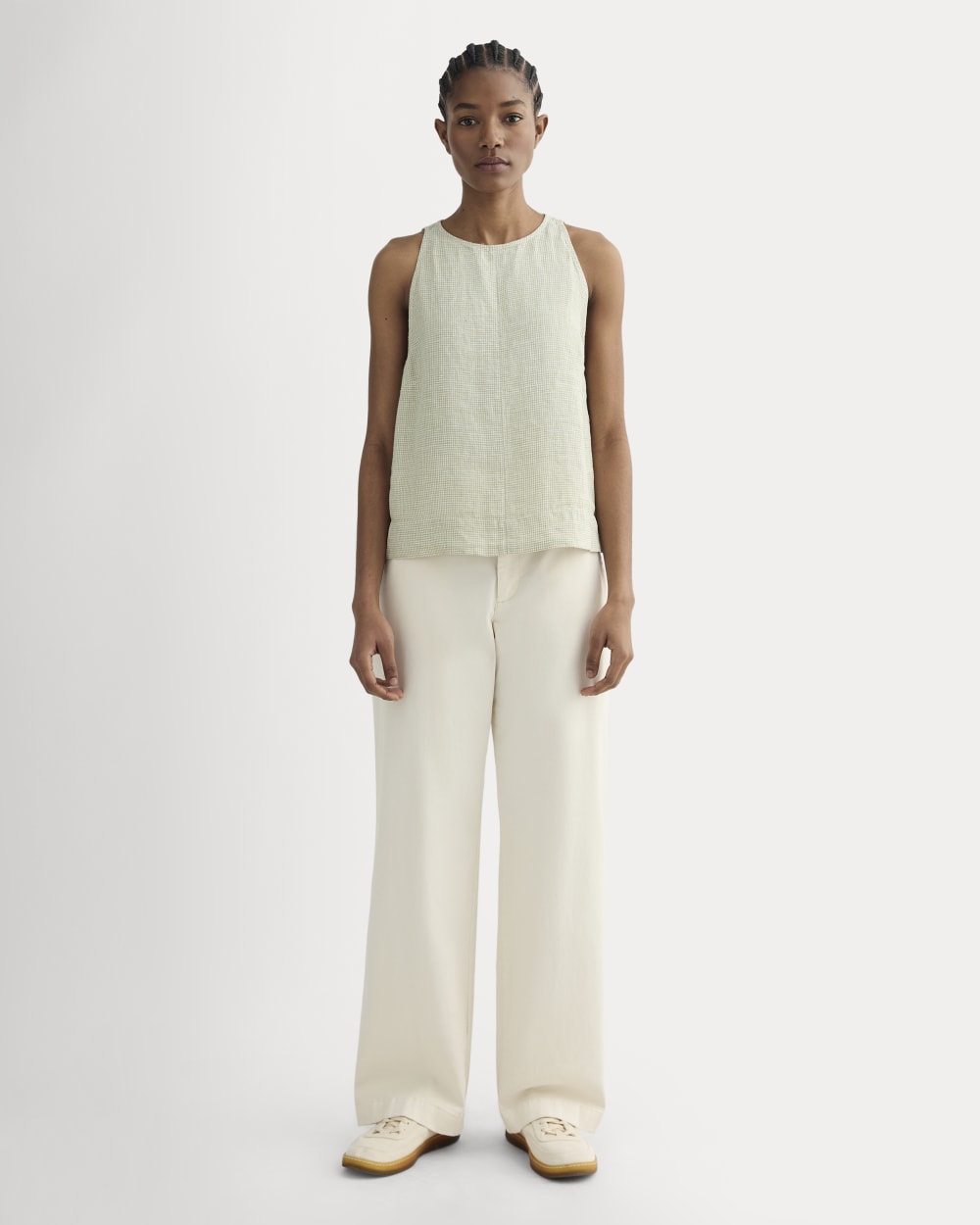 The Linen High-Neck Tank in Elm Gingham — detail view