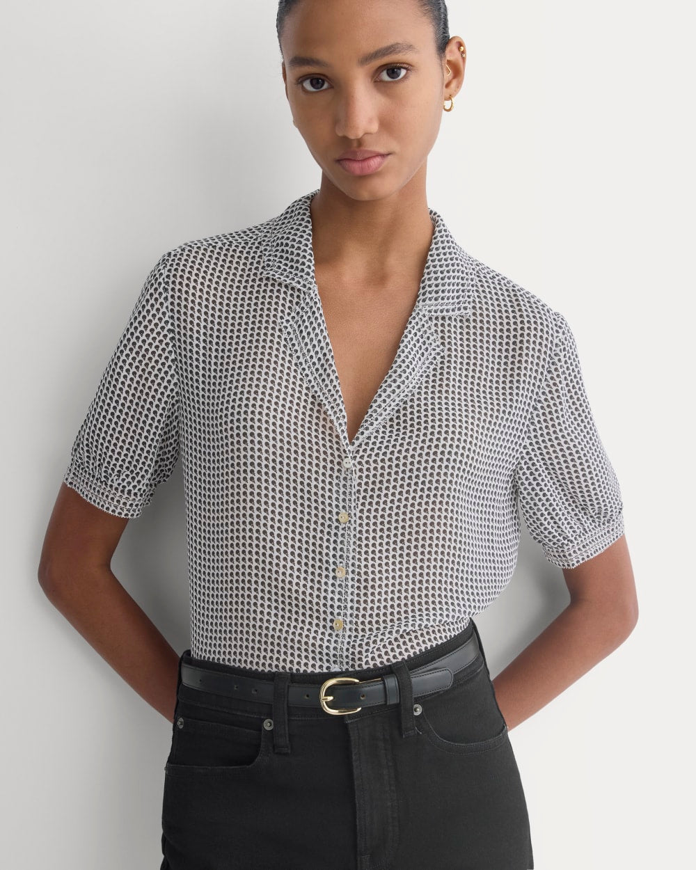 Notch Collar Shirt in Silk Georgette in Gardenia/Black Micro Dot — front view