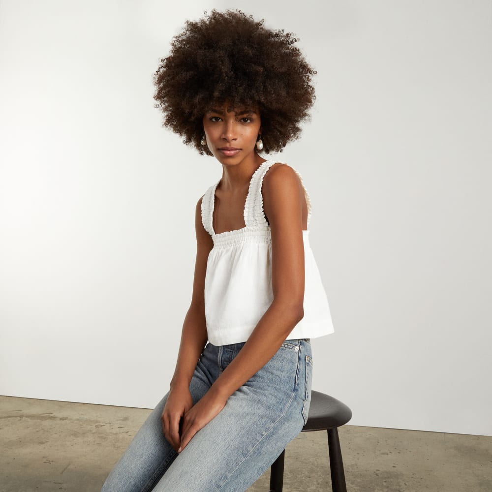 The Smocked Linen Cami in White — detail view