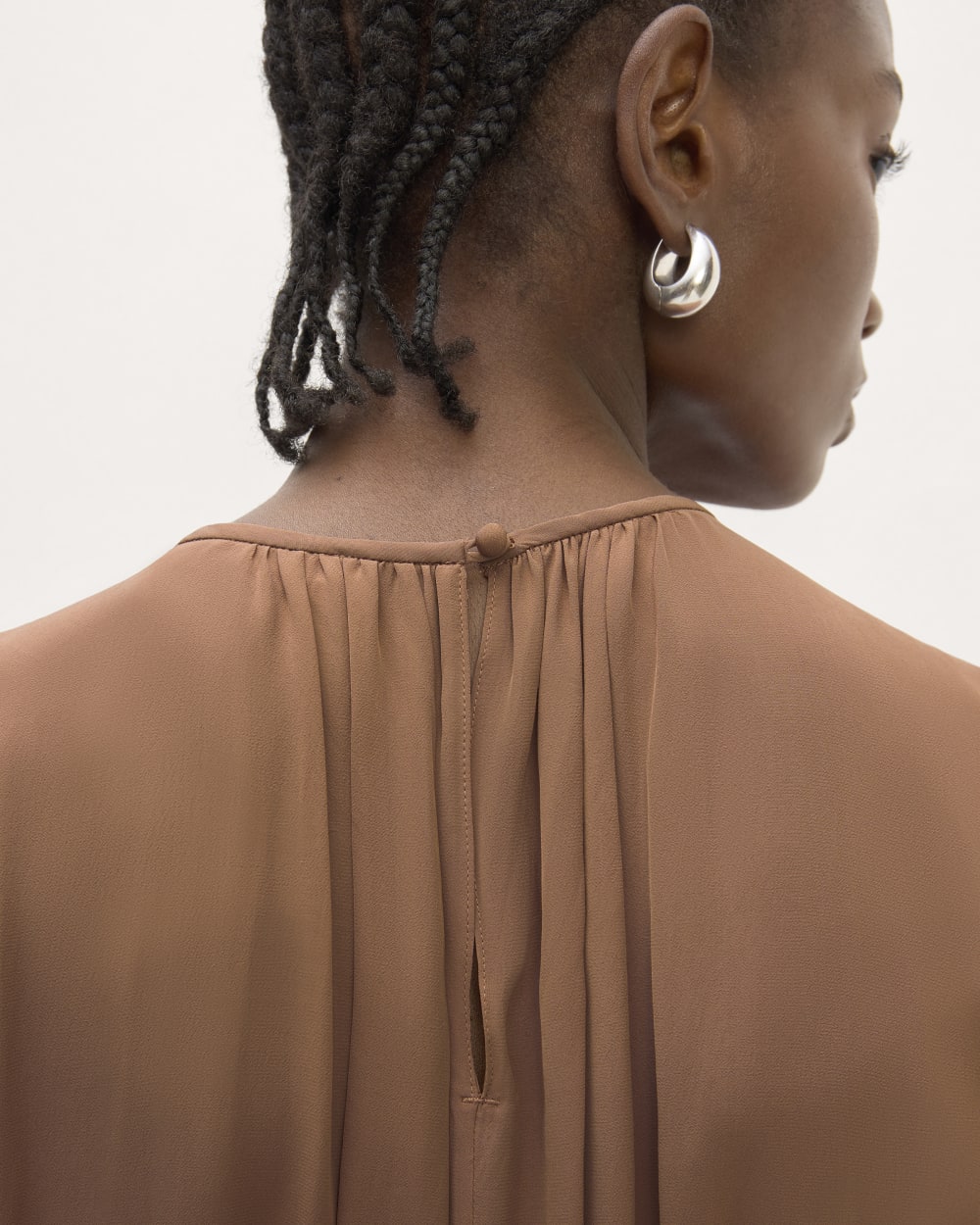 The Gathered Midi Dress in Carob Brown — detail view