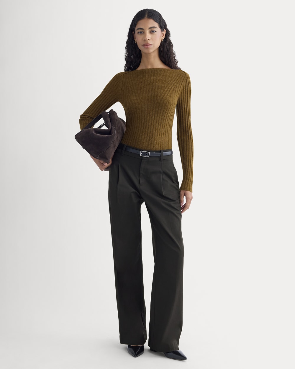 Cashmere Ribbed Boat-Neck Sweater in Heathered Toffee — detail view