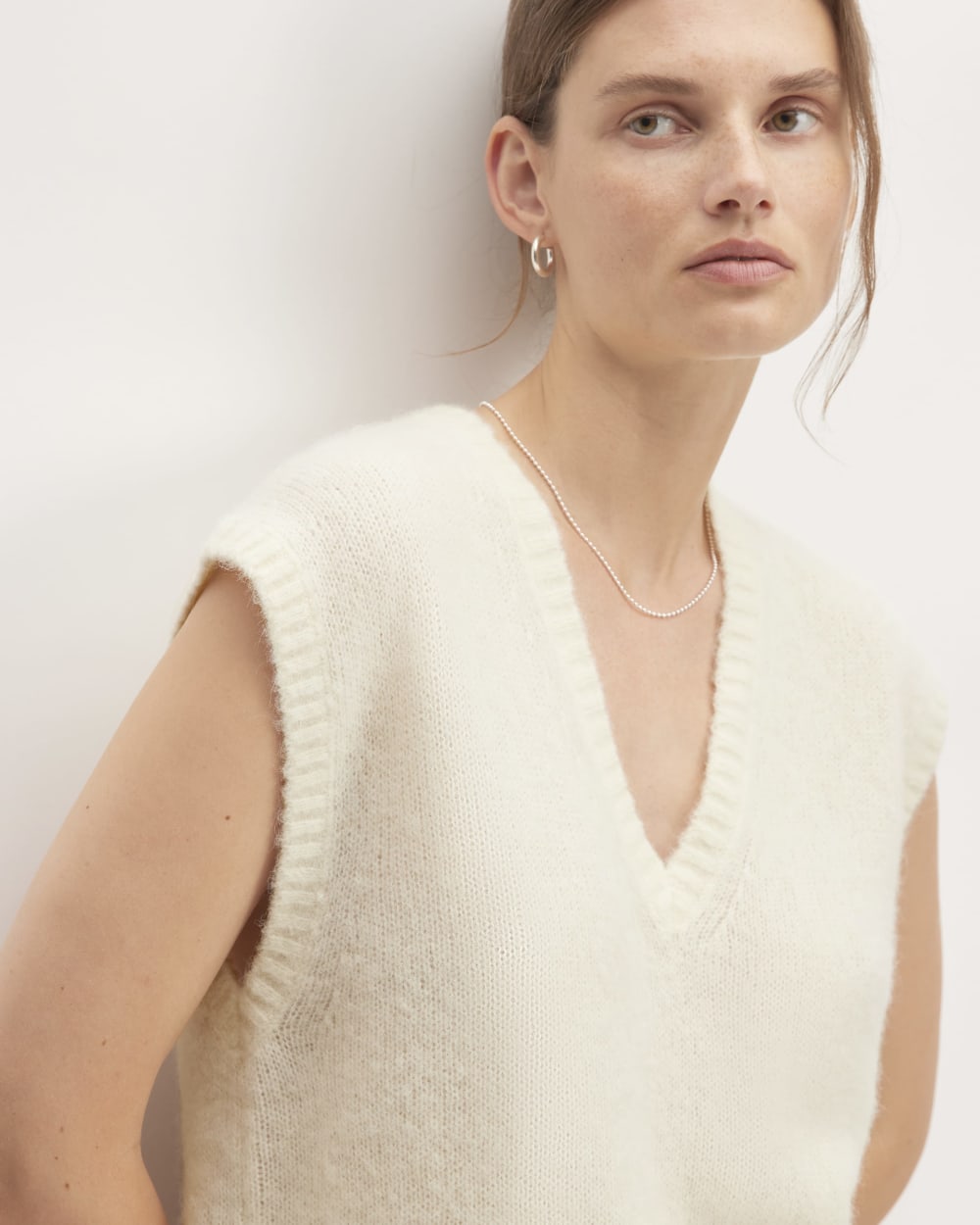 The Alpaca V-Neck Vest in Snow — detail view