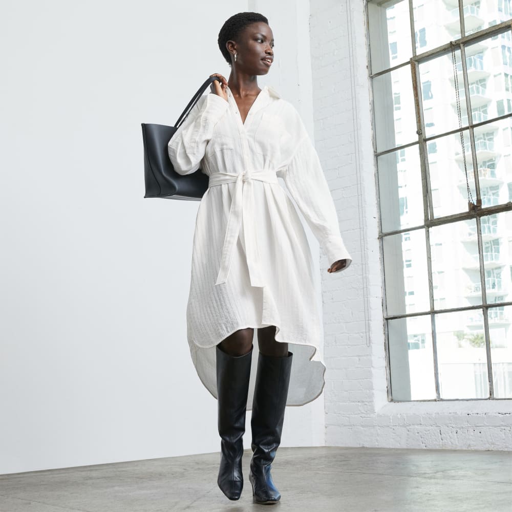 The City Stripe Draped Shirt Dress in Bone — front view