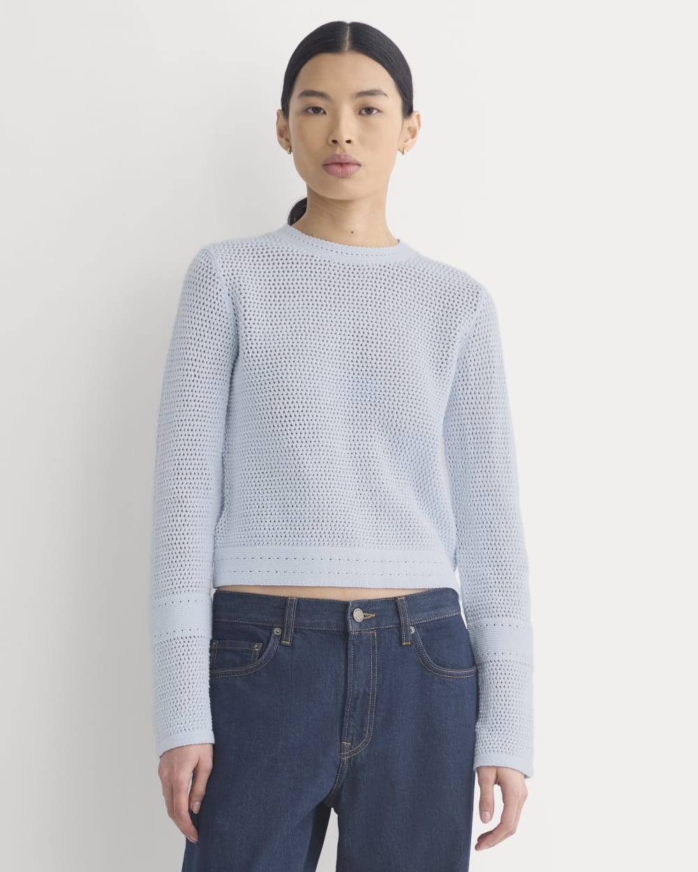 Open Knit Long-Sleeve Crew in Everyday Cotton in Skywriting — front view