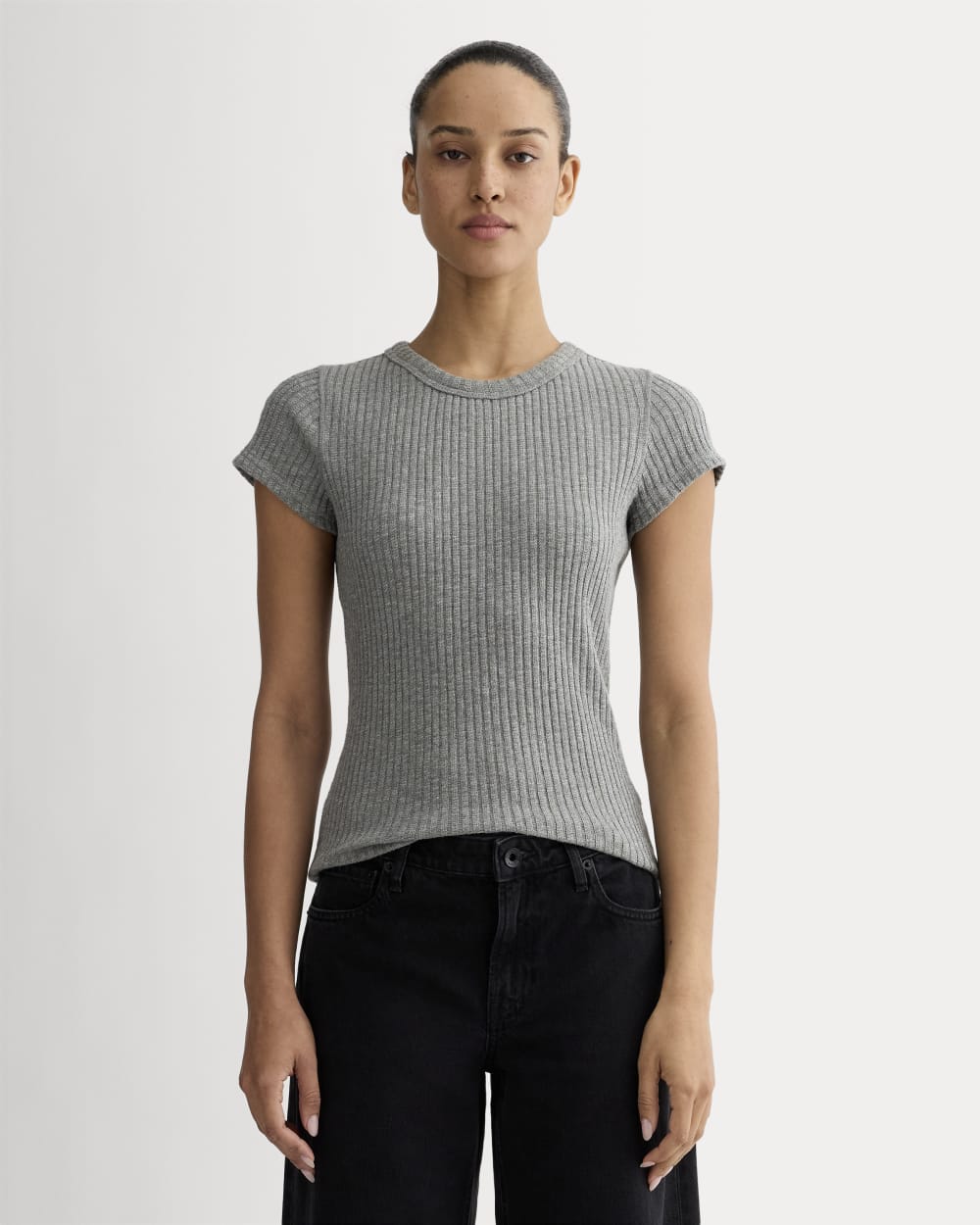 The Cozy Rib Tee in Mid Heather Grey — front view
