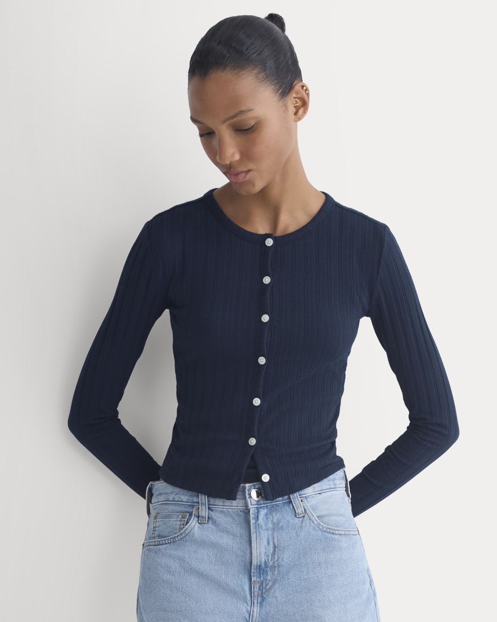 Cardigan in Pointelle in Deep Navy — front view