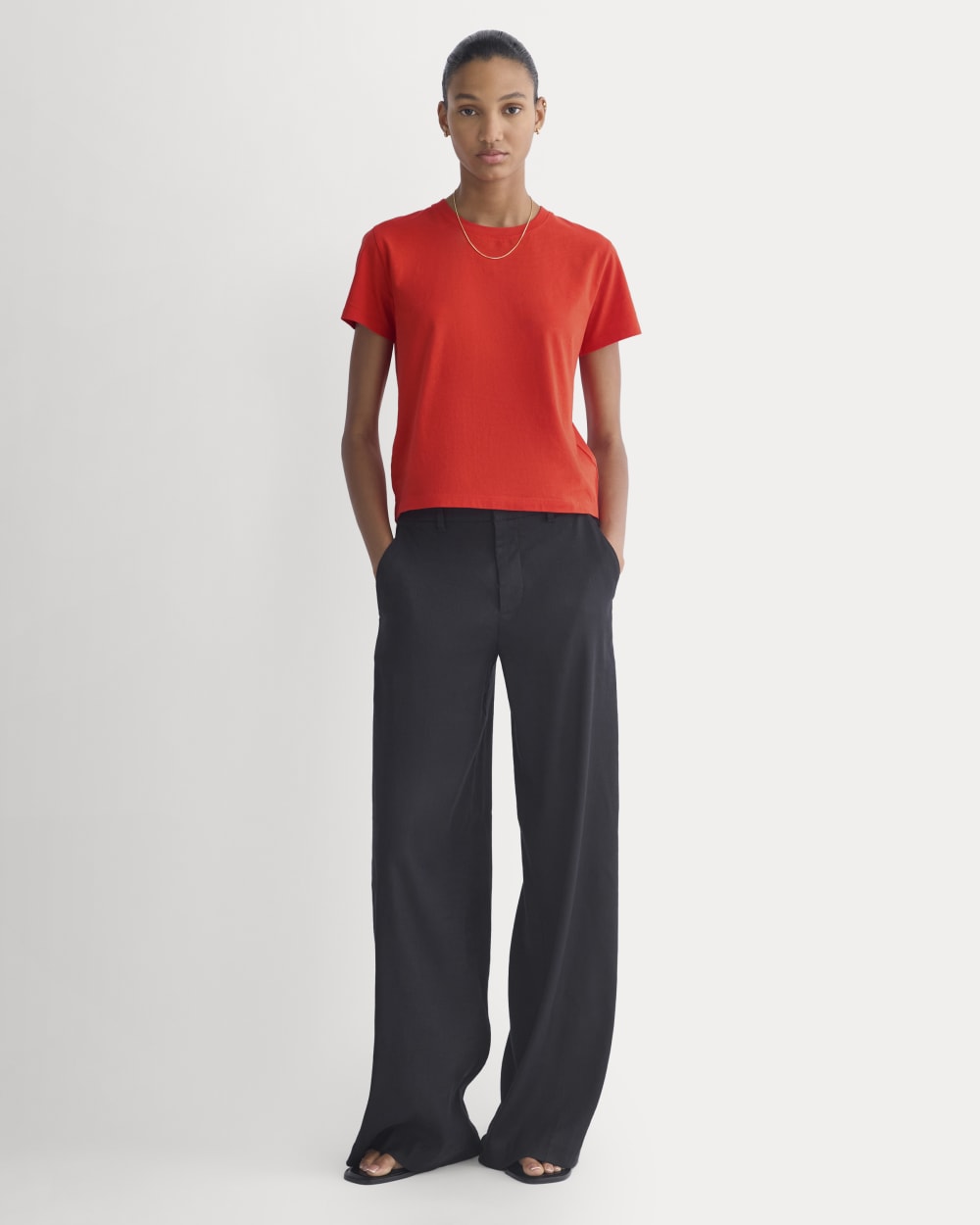 The Box-Cut Tee in Essential Cotton in Fiery Red — detail view