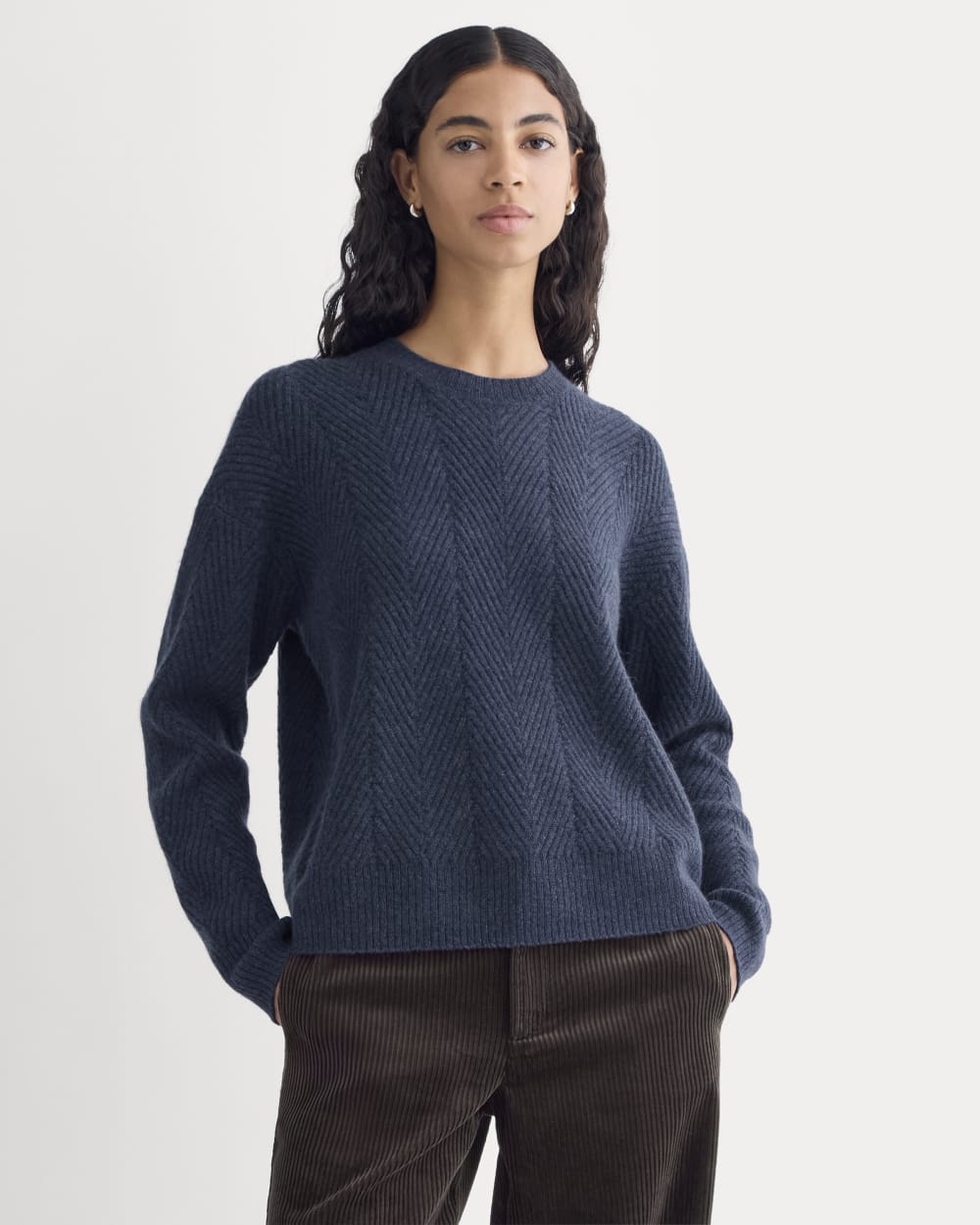 Cashmere Herringbone Sweater in Indigo — detail view