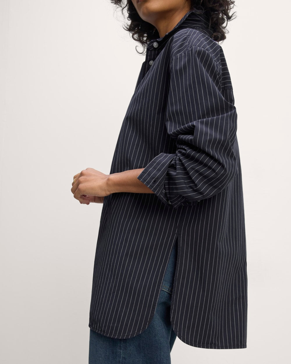 The Supima® Cotton Boyfriend Shirt in Navy / White — detail view