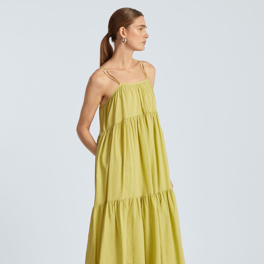 The Billow Tiered Maxi Dress in Pickled Pepper Plaid — detail view