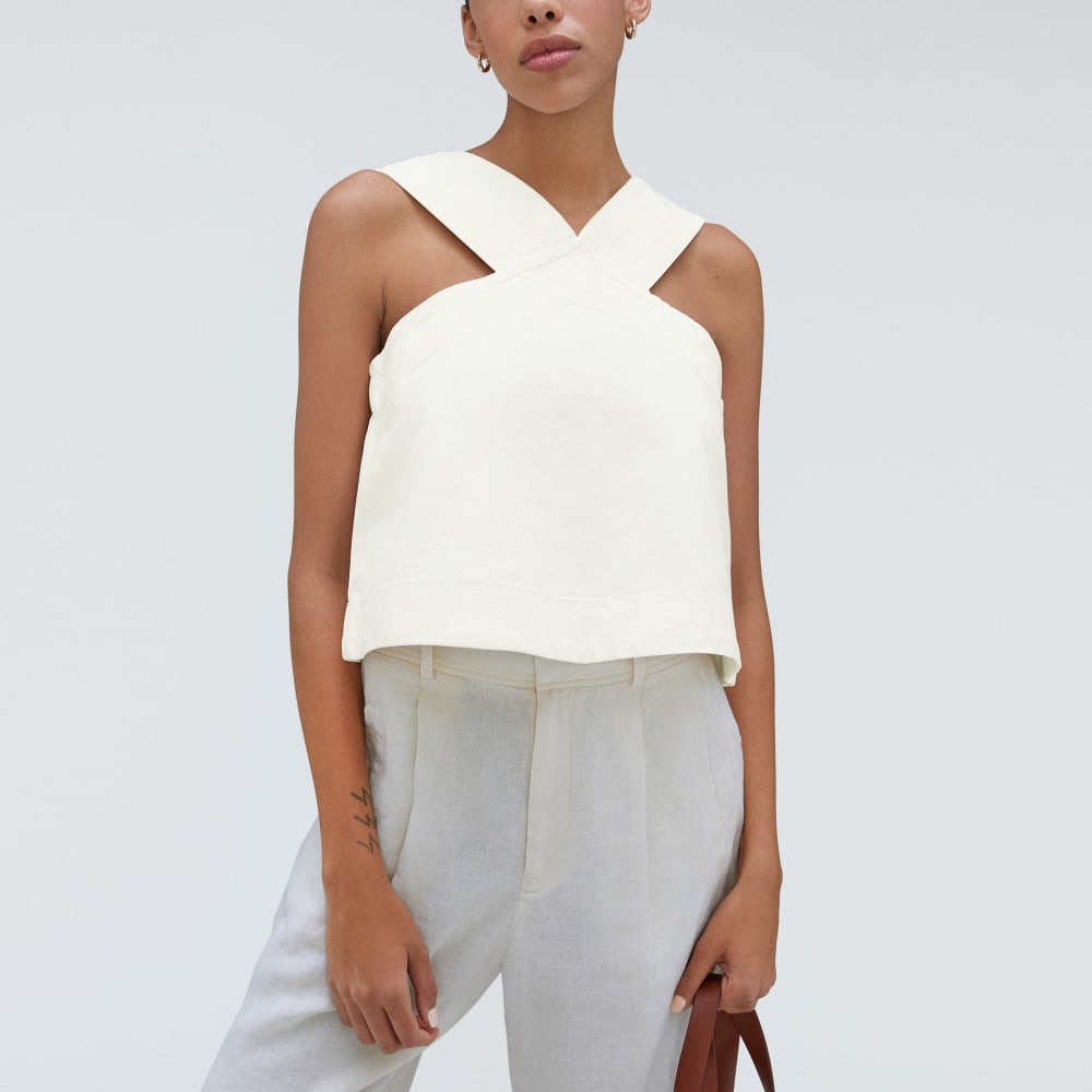 The Cross-Front Apron Top in Canvas — detail view