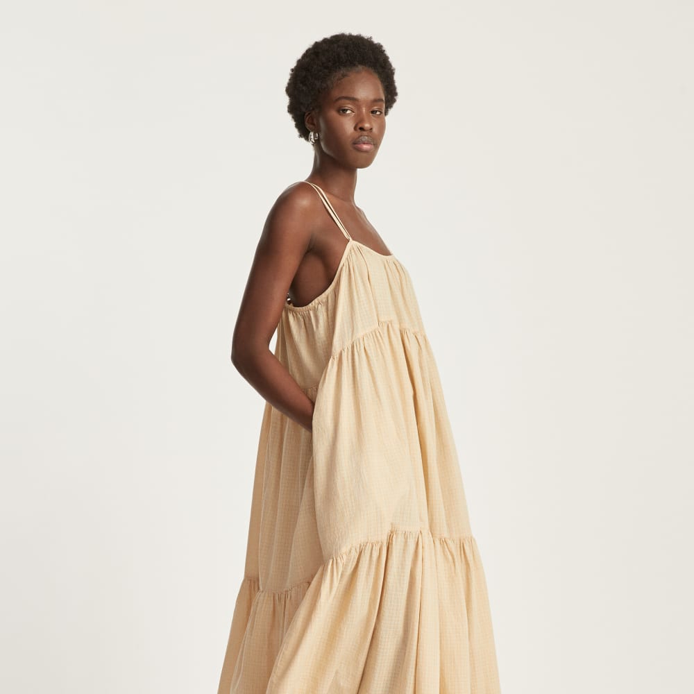 The Billow Tiered Maxi Dress in Orange Plaid — detail view
