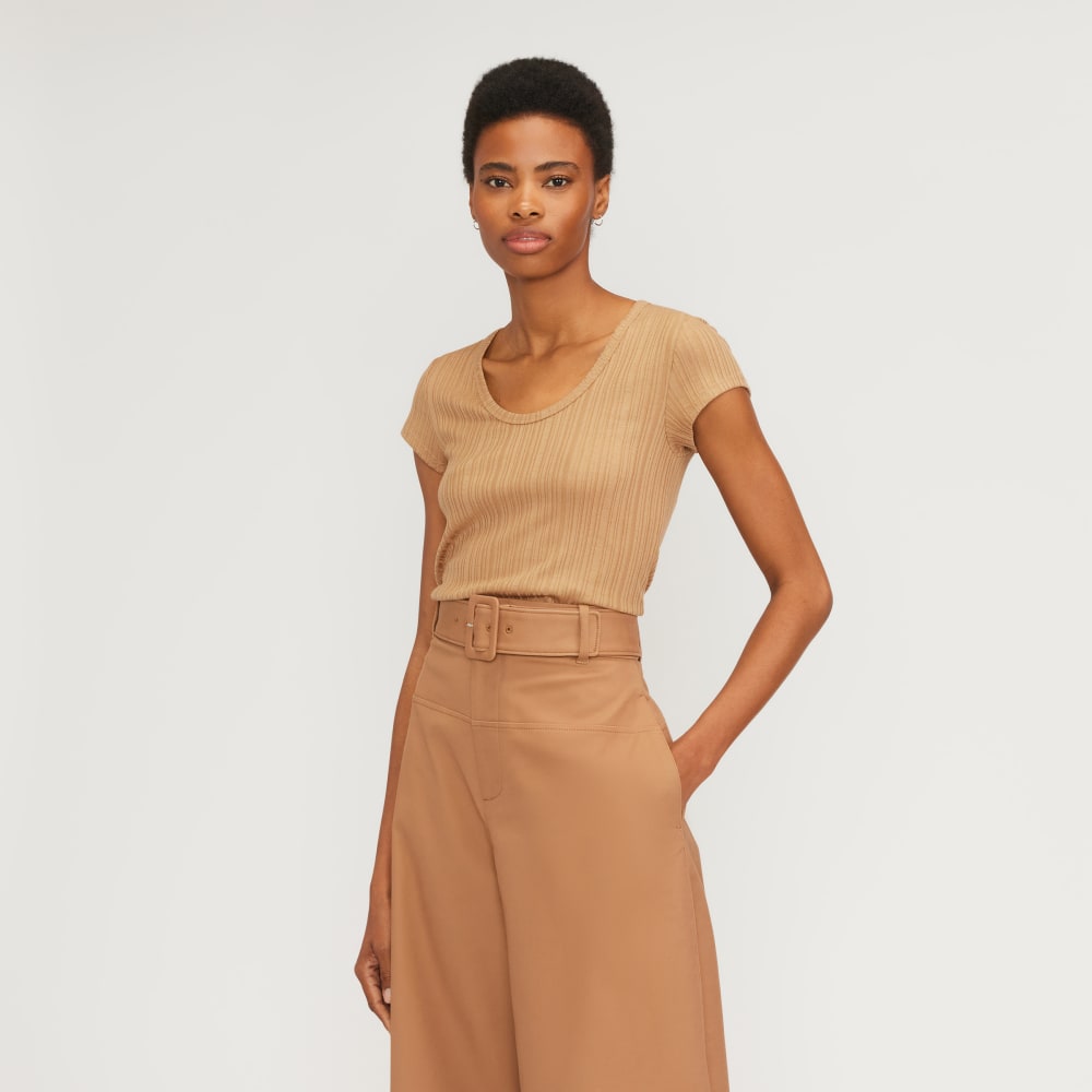 The Rib Soft Knit Scoop-Neck Tee in Caramel — front view