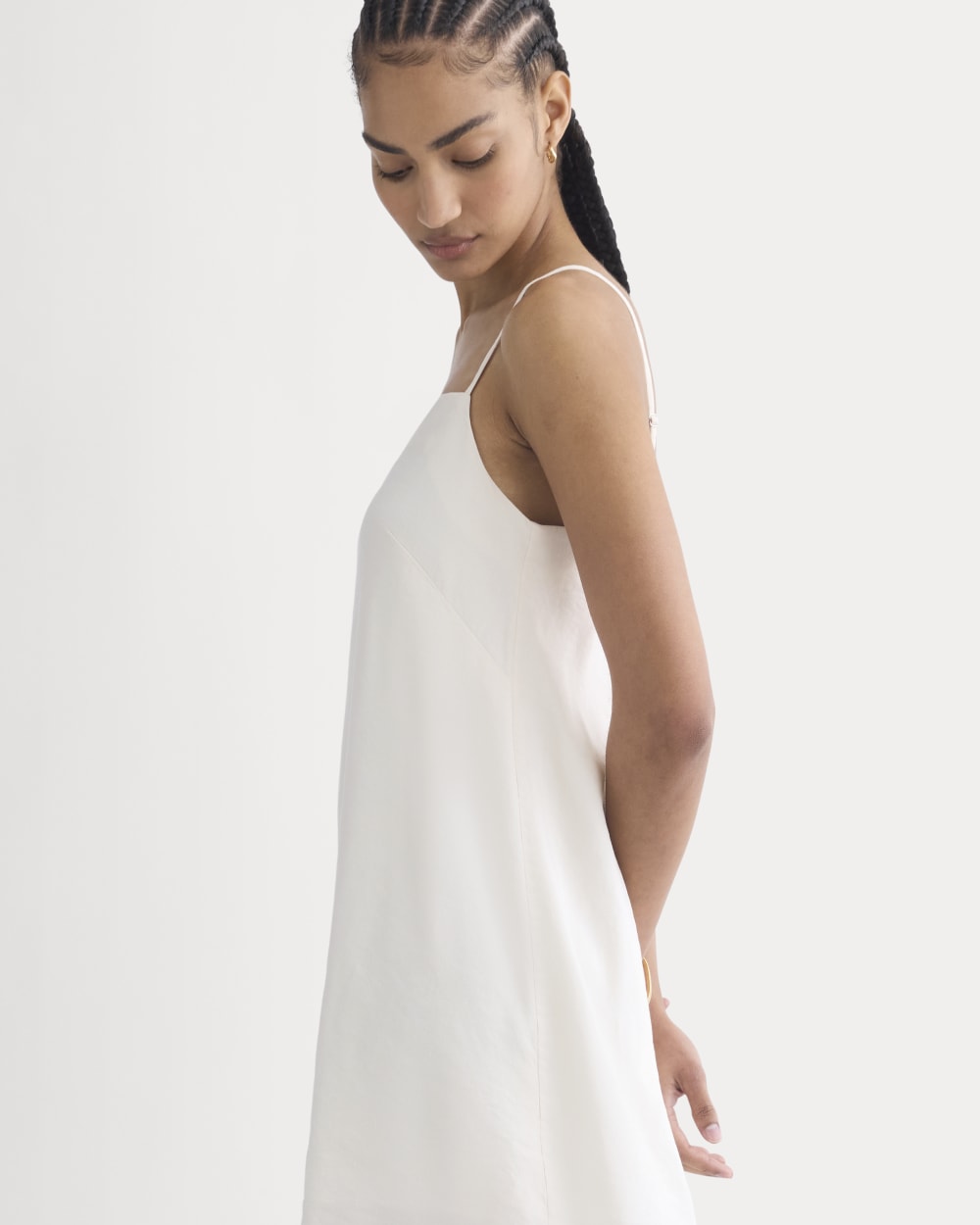 Mini Shift Dress in Stretch Linen in Bone — detail view