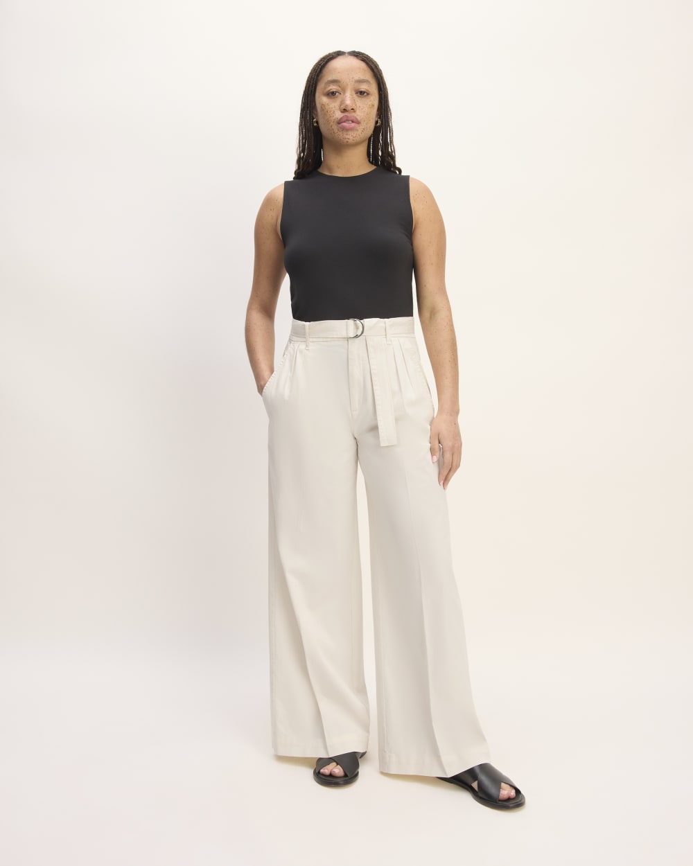 The Pleated Wide-Leg Chino in Bone — front view