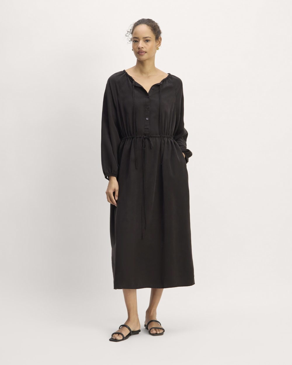 The TENCEL™ Gathered Maxi Dress in Black — front view
