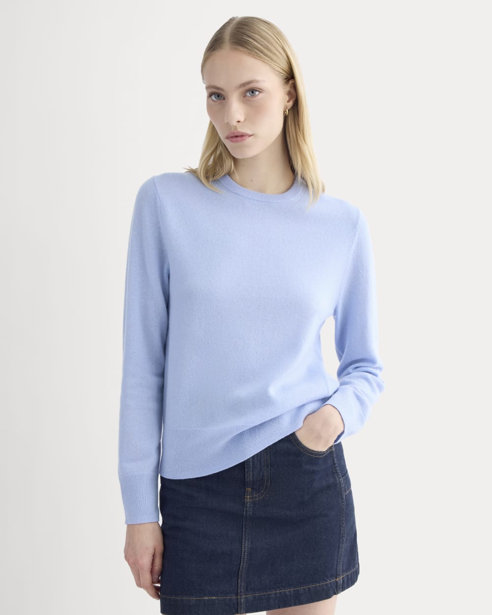 Cashmere Slim Crew Sweater in Open Air Blue — front view