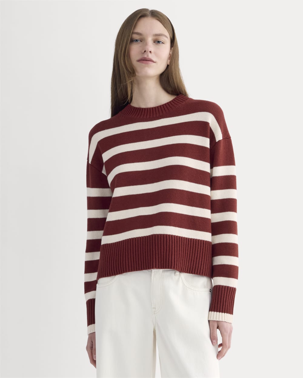 The Boxy Sweater in Everyday Cotton in Merlot / Canvas — front view