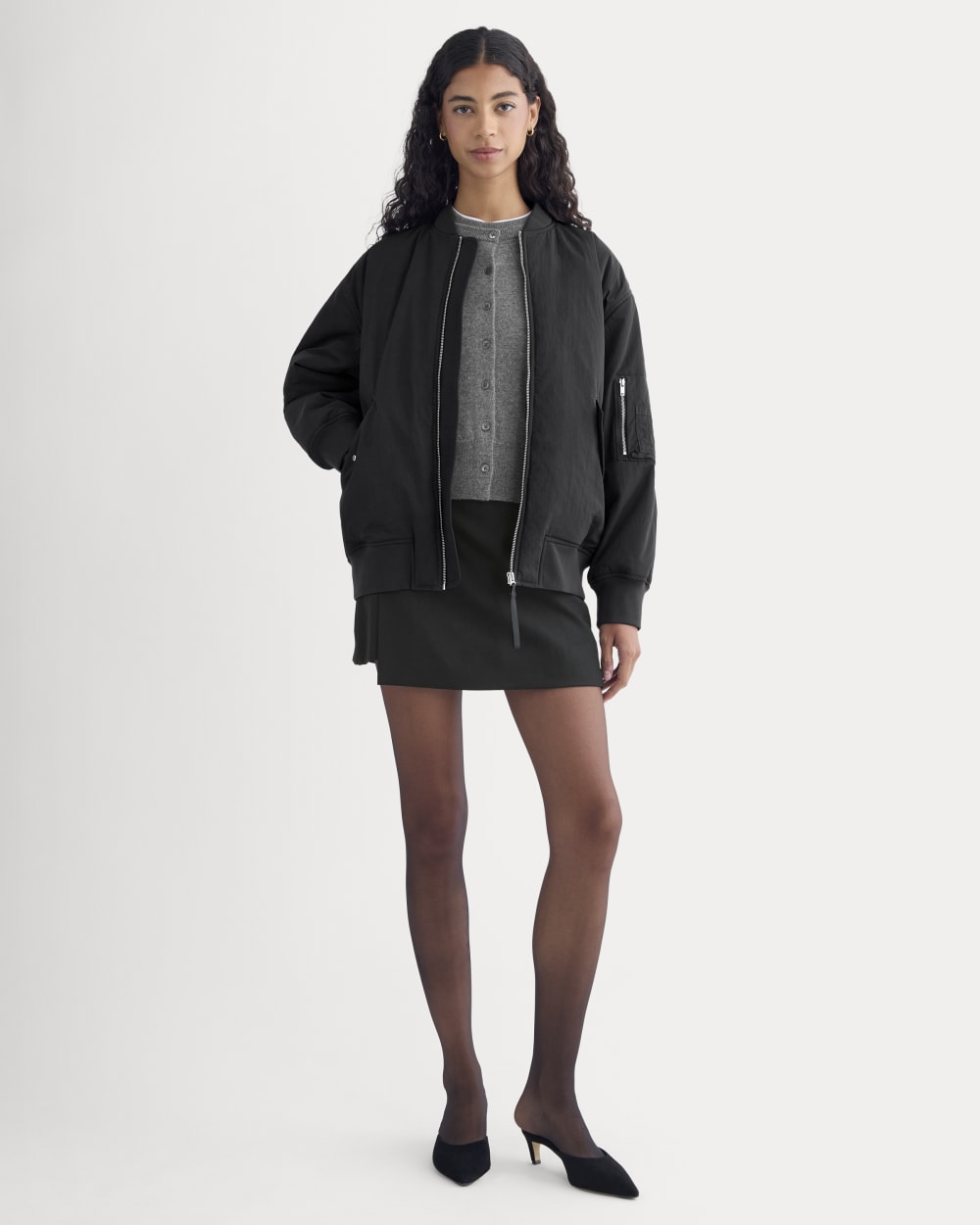 Renew Oversized Puffer Bomber in Black — detail view