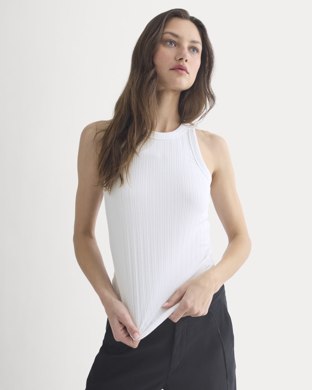 Racerback Tank in Pointelle in White — front view