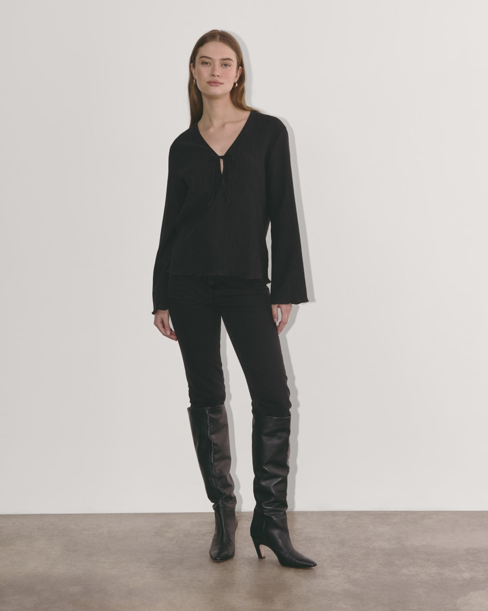 The Crinkle Long-Sleeve in Black — detail view