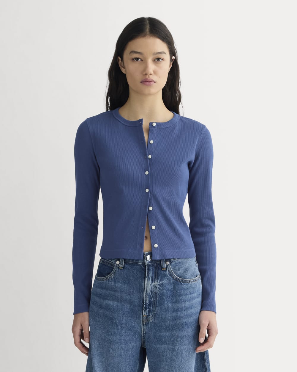 The Selfie Cardigan in Bright Cobalt — front view