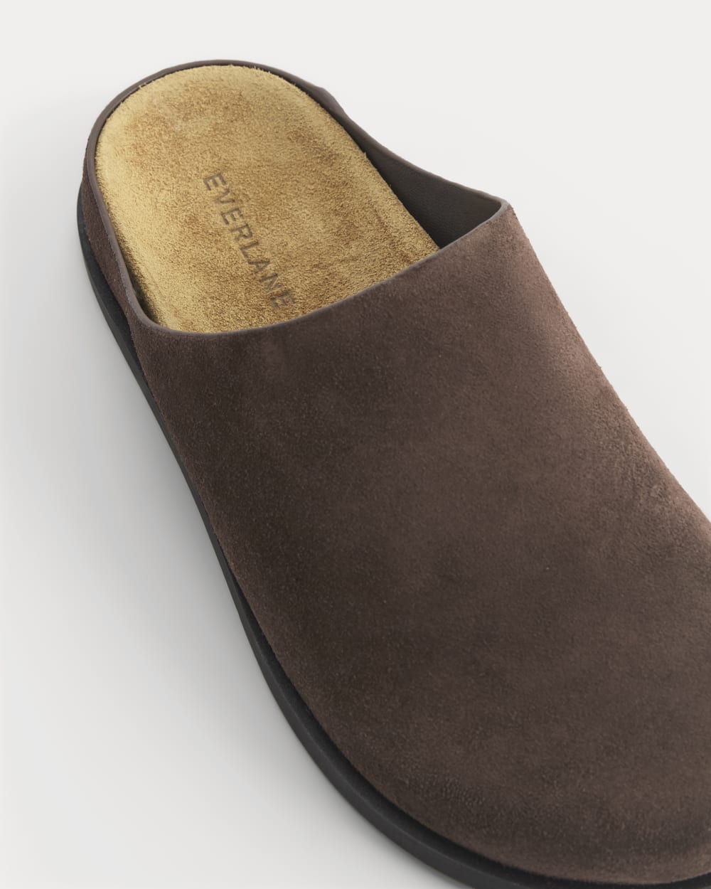 Suede Clog in Deep Brown — detail view