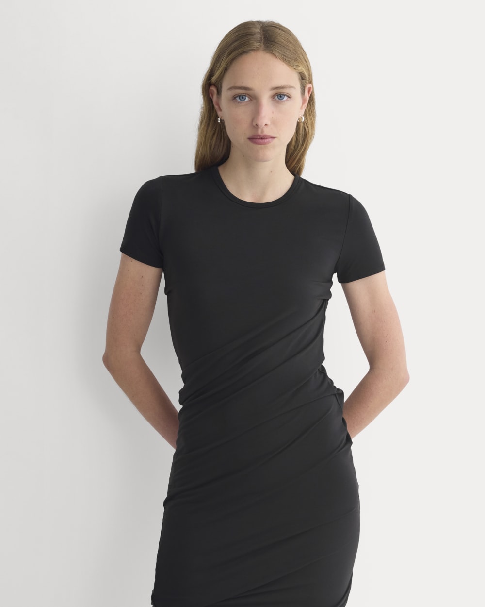 Twisted Short-Sleeve Crew Dress in Black — detail view