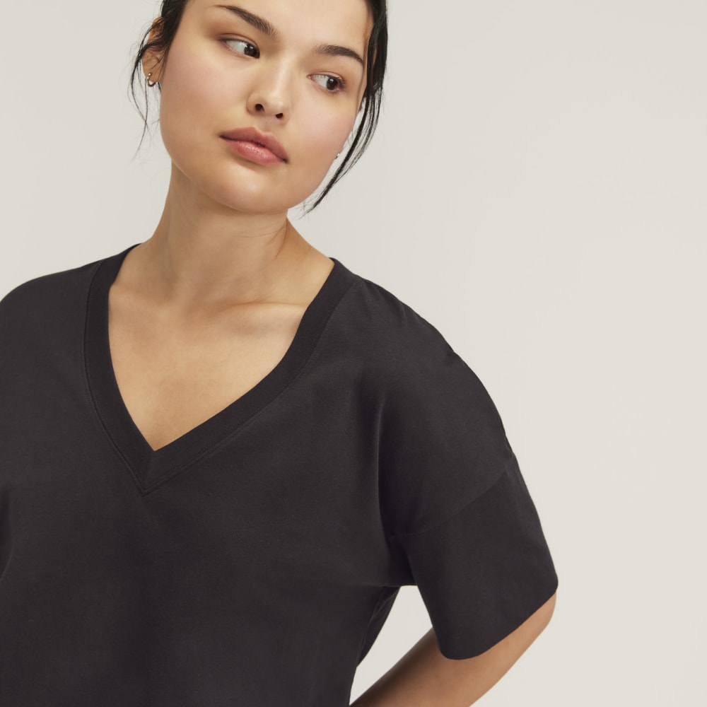 The Organic Cotton Slouchy V-Neck in Vintage Black — detail view